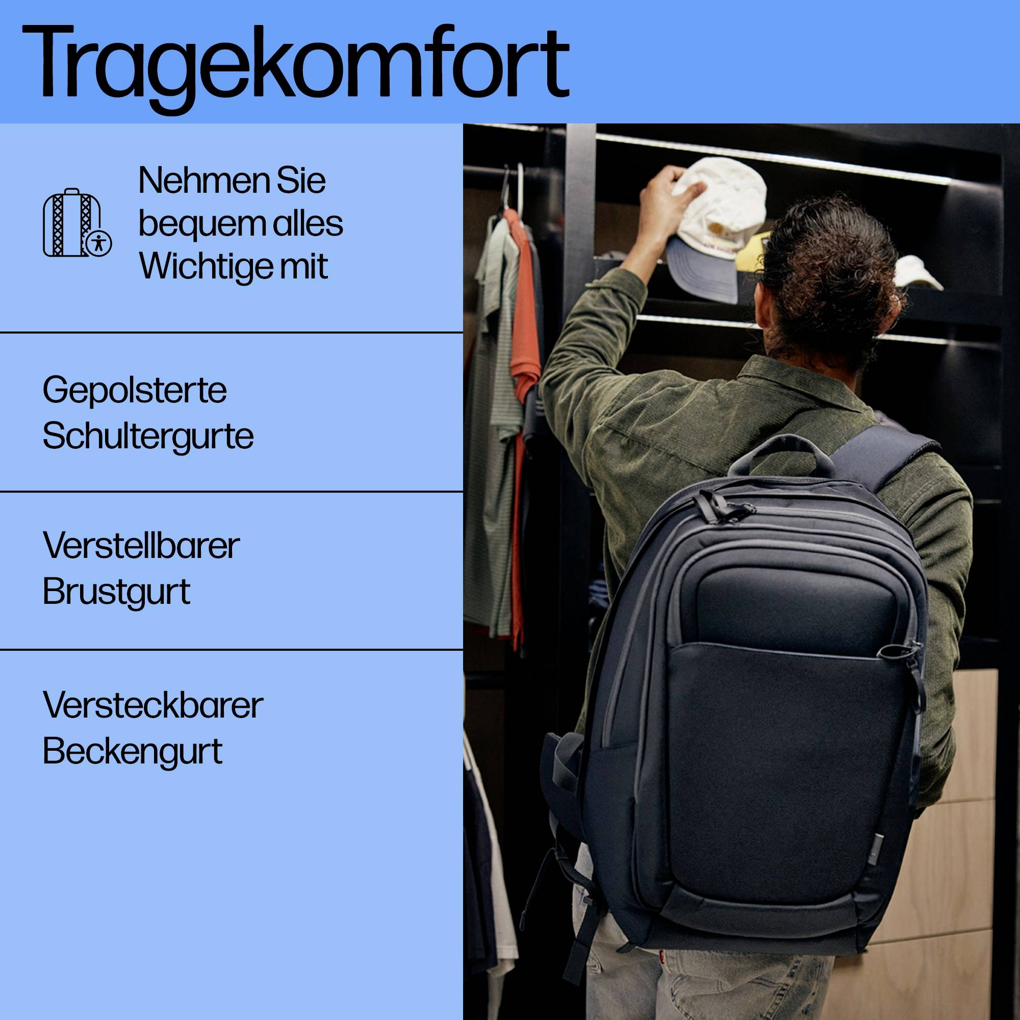 Une personne range des vêtements dans une étagère. À côté se trouvent des informations sur un sac à dos avec des détails sur les sangles rembourrées et la sangle de poitrine.