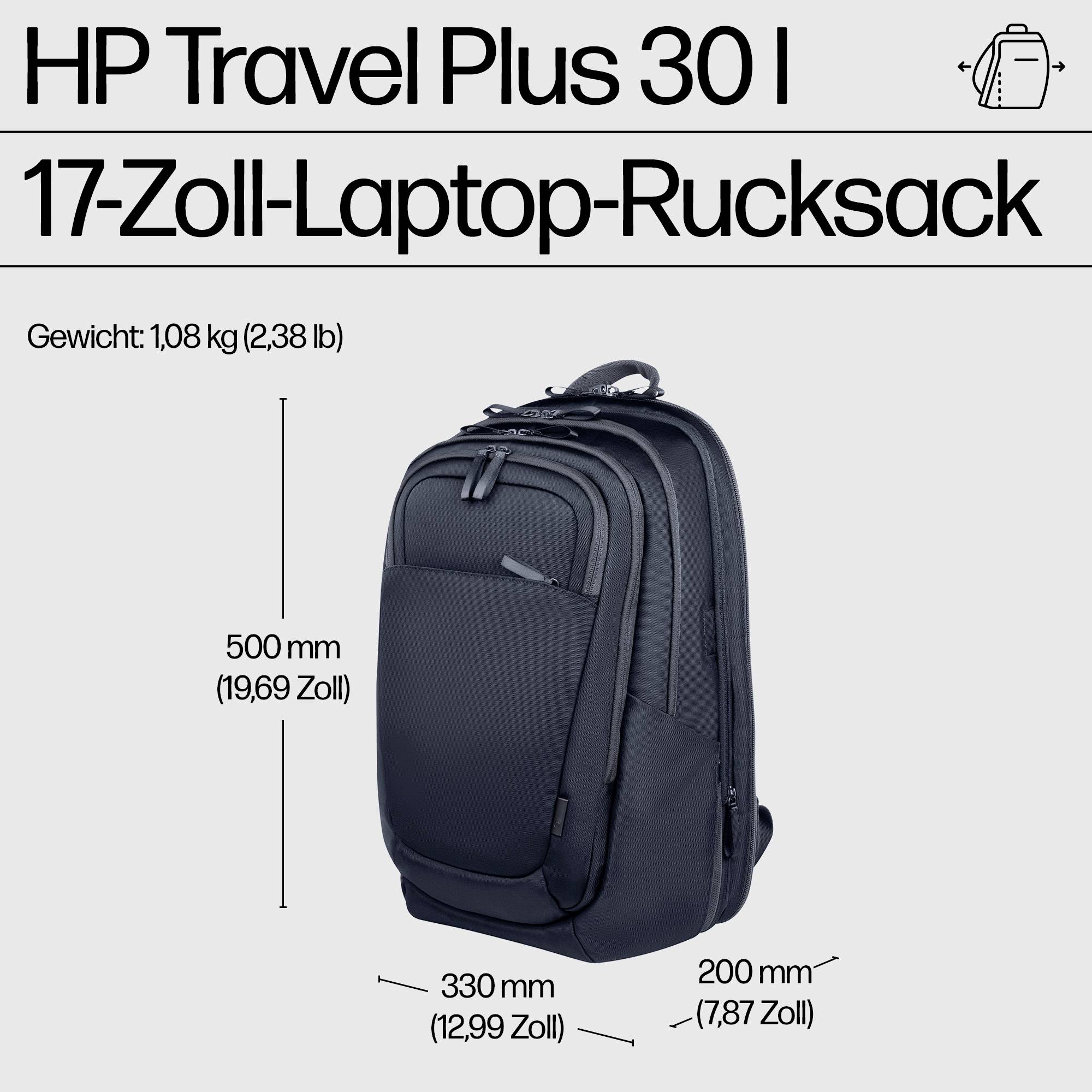 Le 'HP Travel Plus 30 l sac à dos pour ordinateur portable 17 pouces' pèse 1,08 kg. Dimensions : 500 mm (hauteur), 330 mm (largeur), 200 mm (profondeur).