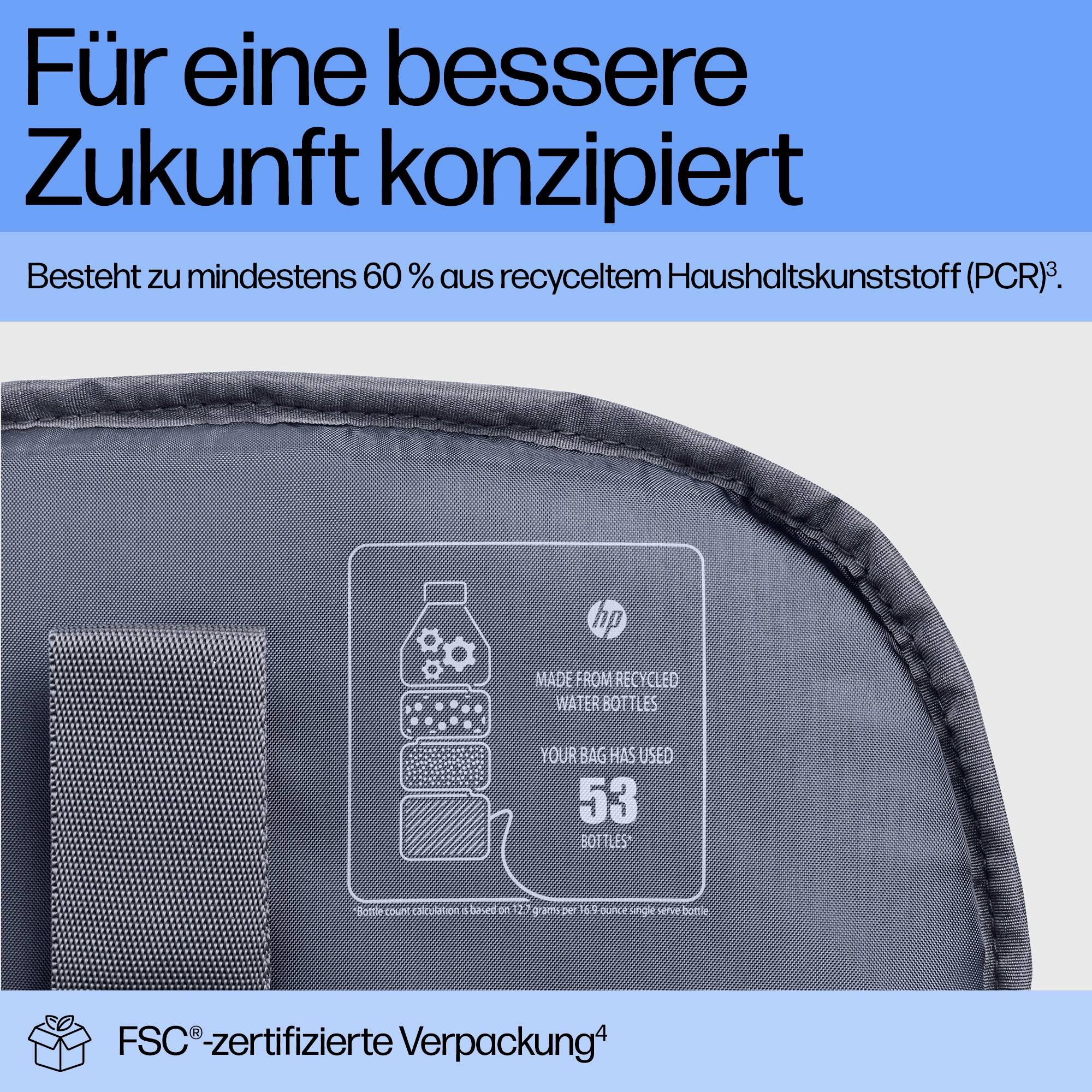 Sac gris en plastique avec l'inscription 'Votre sac a utilisé 53 bouteilles'. Texte en haut : 'Conçu pour un avenir meilleur'.