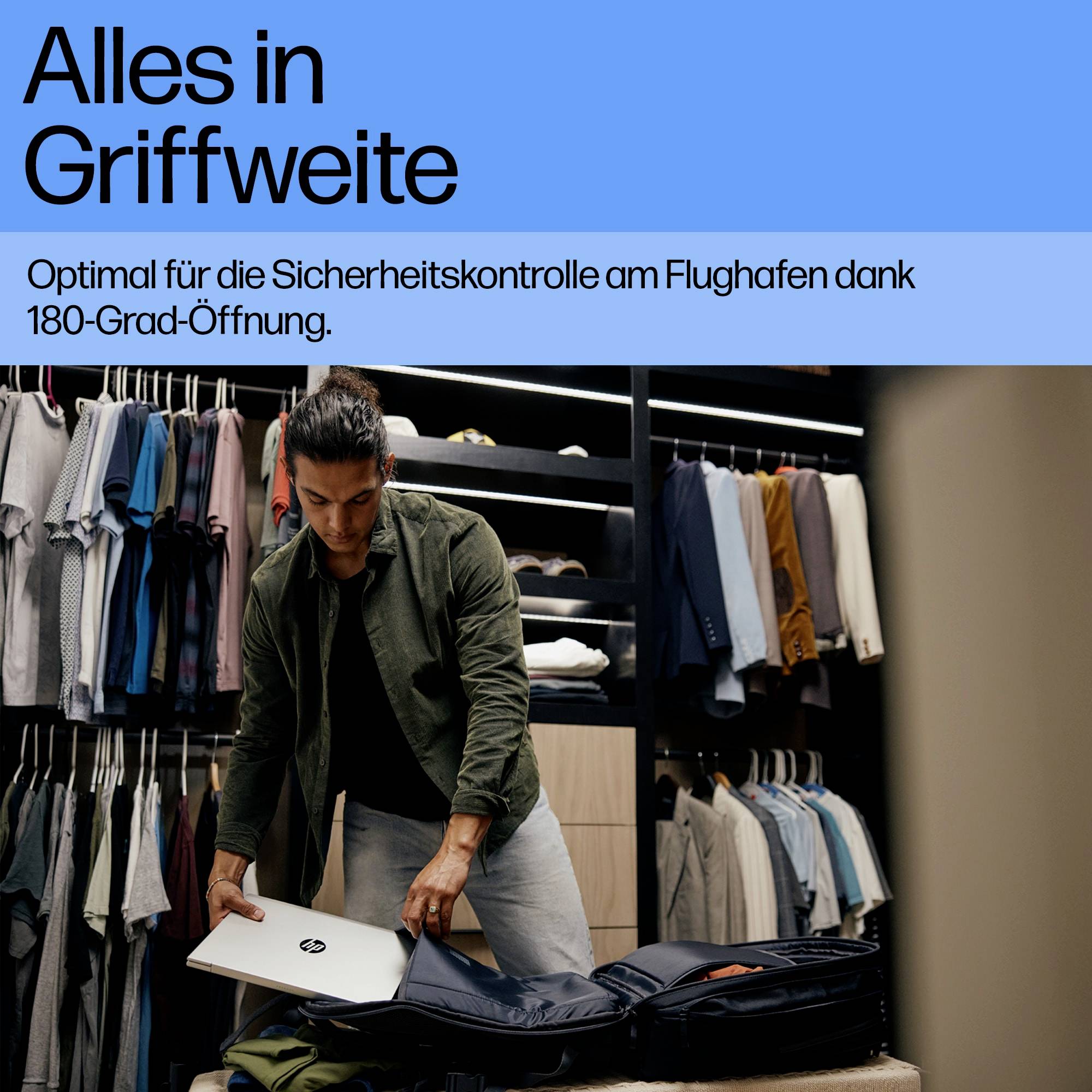 Une personne prépare une valise avec des vêtements, à côté de laquelle est inscrit « Tout à portée de main ». Le titre décrit un contrôle de sécurité simple à l'aéroport.
