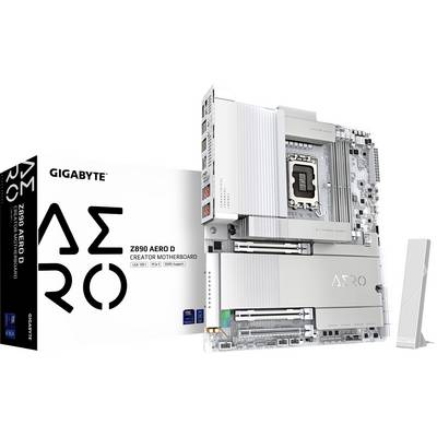 Une carte mère 'GIGABYTE Z890 AERO D' devant son emballage. La carte offre des possibilités de connexion complètes pour les applications de création.