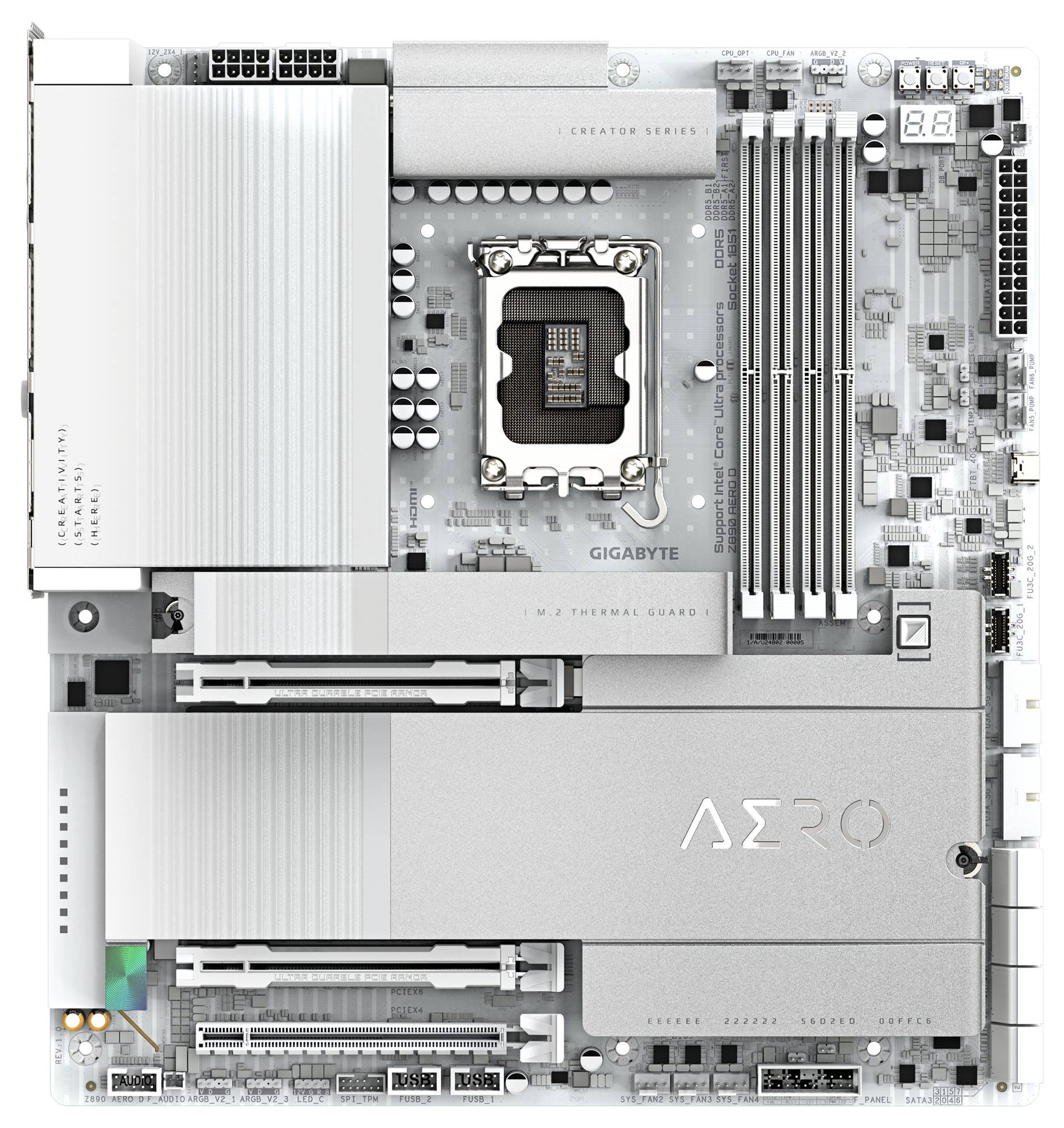 Carte mère avec socket pour processeur Intel, quatre emplacements RAM, emplacements PCIe et possibilités de connexion pour différents composants.