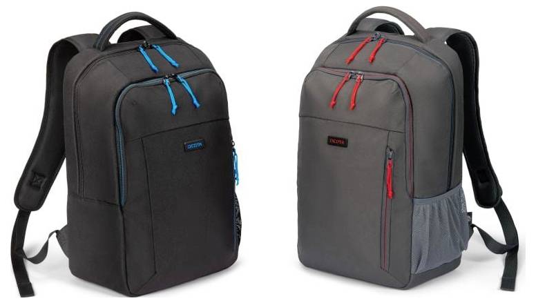 Deux sacs à dos gris, à gauche avec des fermetures éclair bleues, à droite avec des fermetures éclair rouges, chacun équipé d'une poignée de transport et de sangles d'épaules.