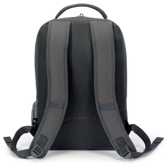 Un sac à dos gris vu de dos, montrant deux sangles d'épaules rembourrées et réglables, ainsi qu'une poignée de transport en haut.
