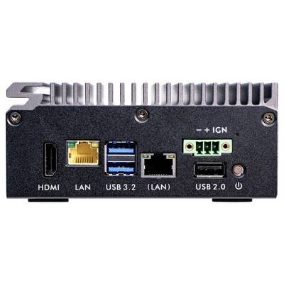 Dos d'un appareil électronique avec des connexions : HDMI, LAN, deux USB 3.2, USB 2.0, et des emplacements pour alimentation supplémentaire.