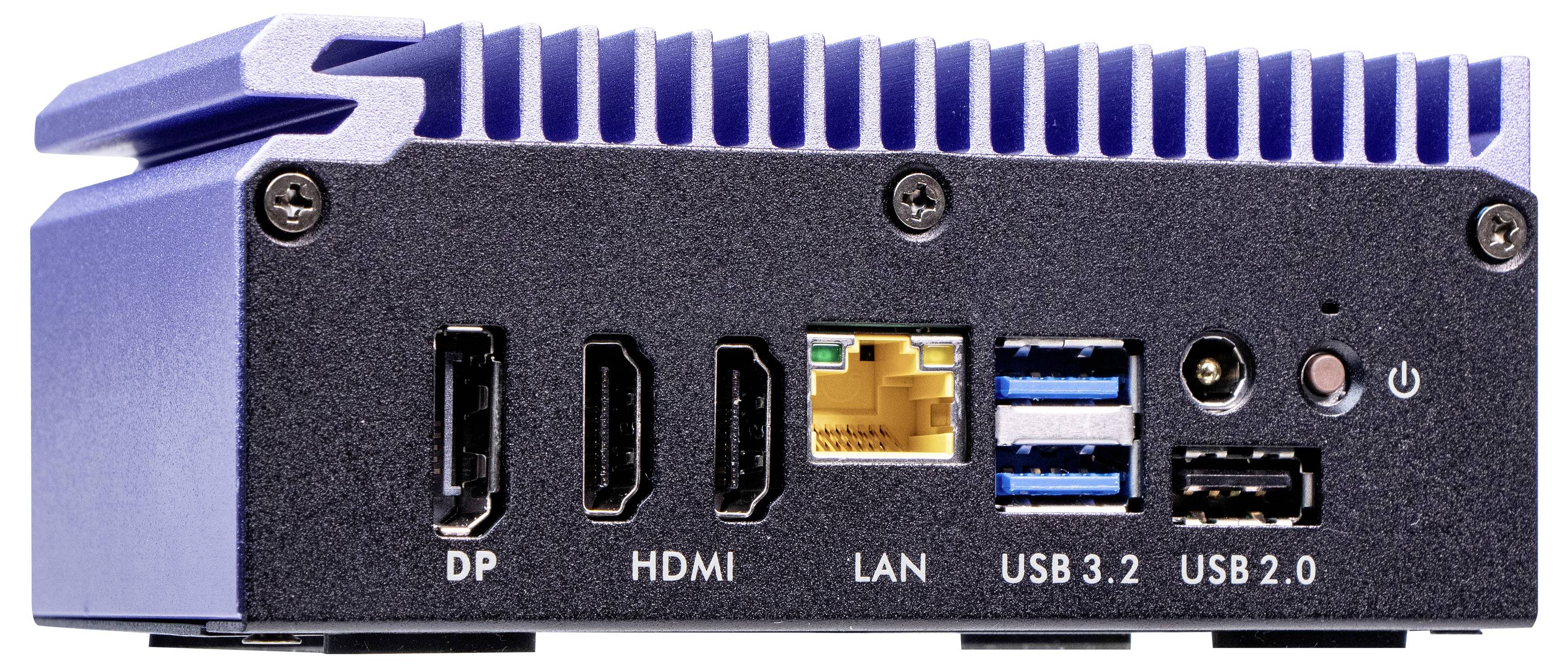 Un ordinateur compact présente plusieurs ports : DP, HDMI, LAN, deux USB 3.2, un USB 2.0 ainsi que des connexions audio et d'alimentation.