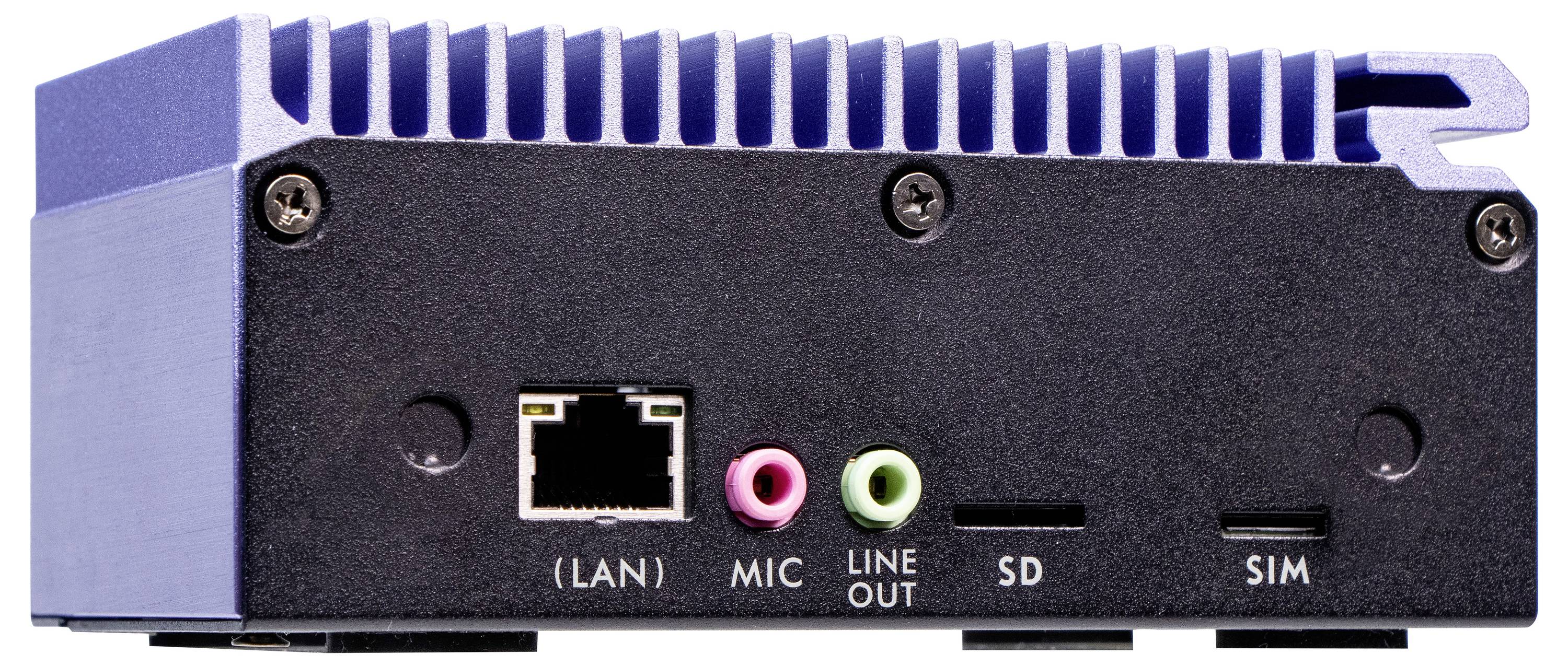 Un petit appareil électronique doté de connexions : port LAN, microphone, sortie ligne, lecteur de carte SD et emplacement pour carte SIM.