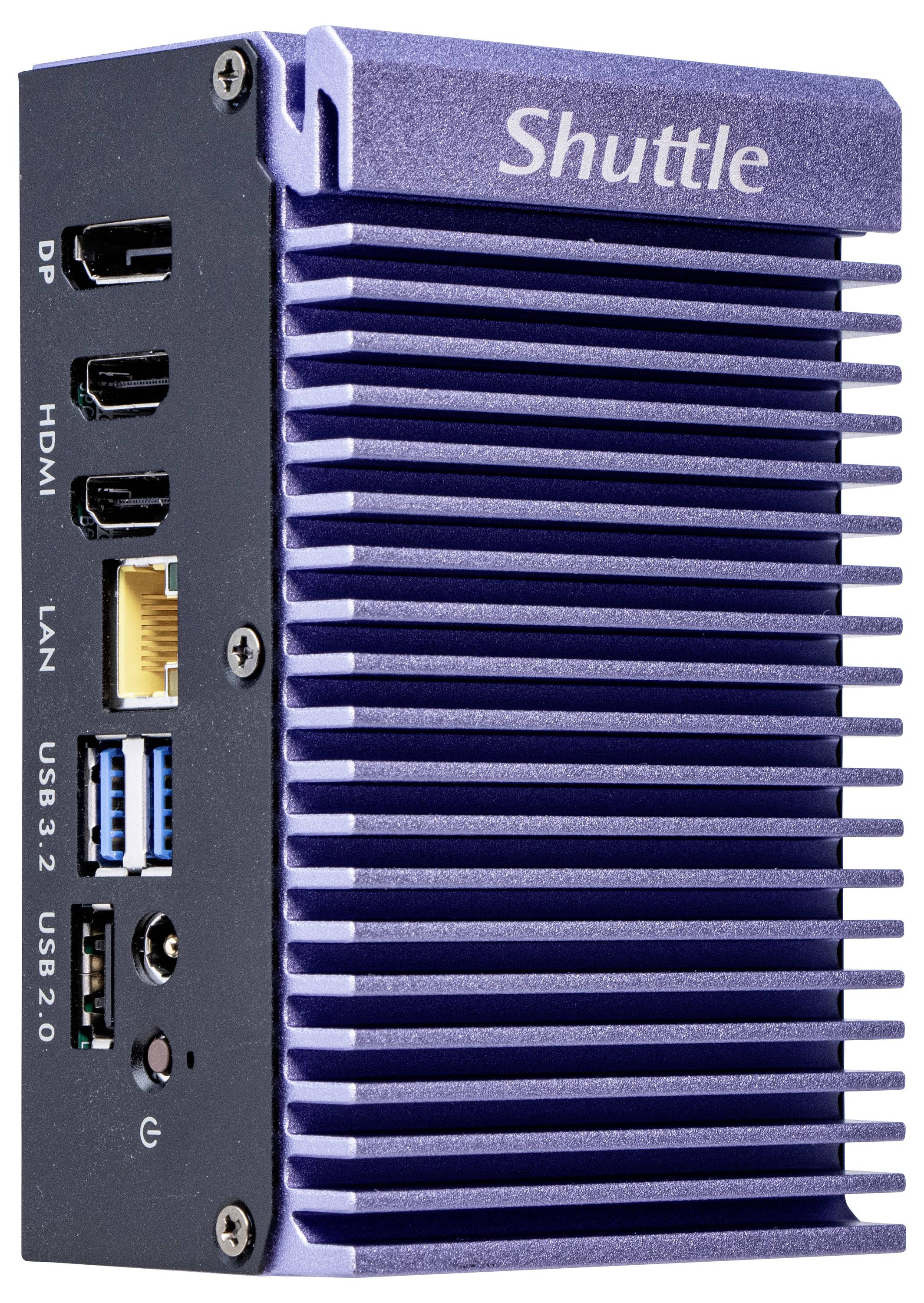 Ordinateur compact violet avec des ports latéraux : HDMI, DP, LAN, USB 3.2 et USB 2.0. Dessus portant le nom de marque 'Shuttle'.