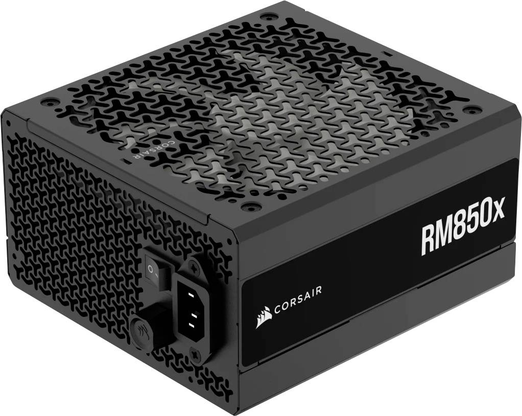 Bloc d'alimentation noir Corsair RM850x pour ordinateur, montrant la grille de ventilateur sur le dessus et le connecteur pour câbles d'alimentation sur le côté.