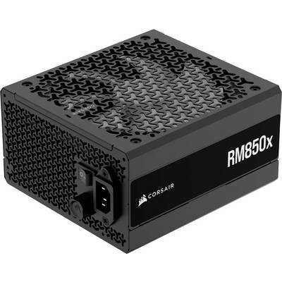 Bloc d'alimentation noir Corsair RM850x pour ordinateur, montrant la grille de ventilateur sur le dessus et le connecteur pour câbles d'alimentation sur le côté.