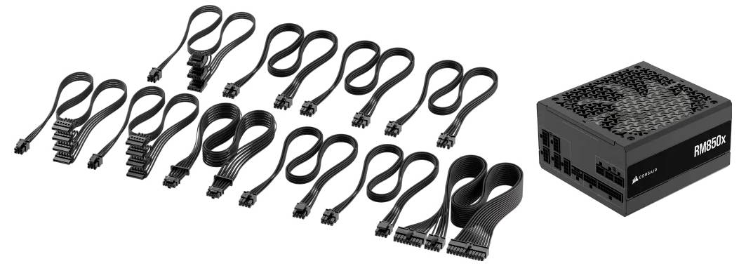 Bloc d'alimentation noir pour ordinateur avec différents câbles amovibles pour l'alimentation électrique des composants PC.