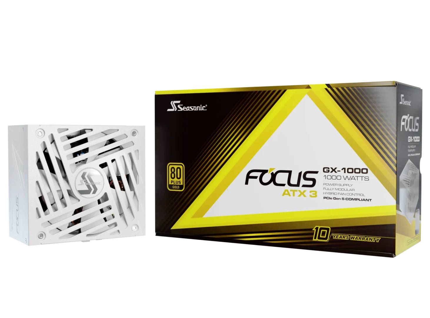 Bloc d'alimentation Seasonic FOCUS GX-1000 de 1000 watts, certification 80 Plus Gold, garantie de dix ans. L'emballage présente les détails du produit et les informations de garantie.