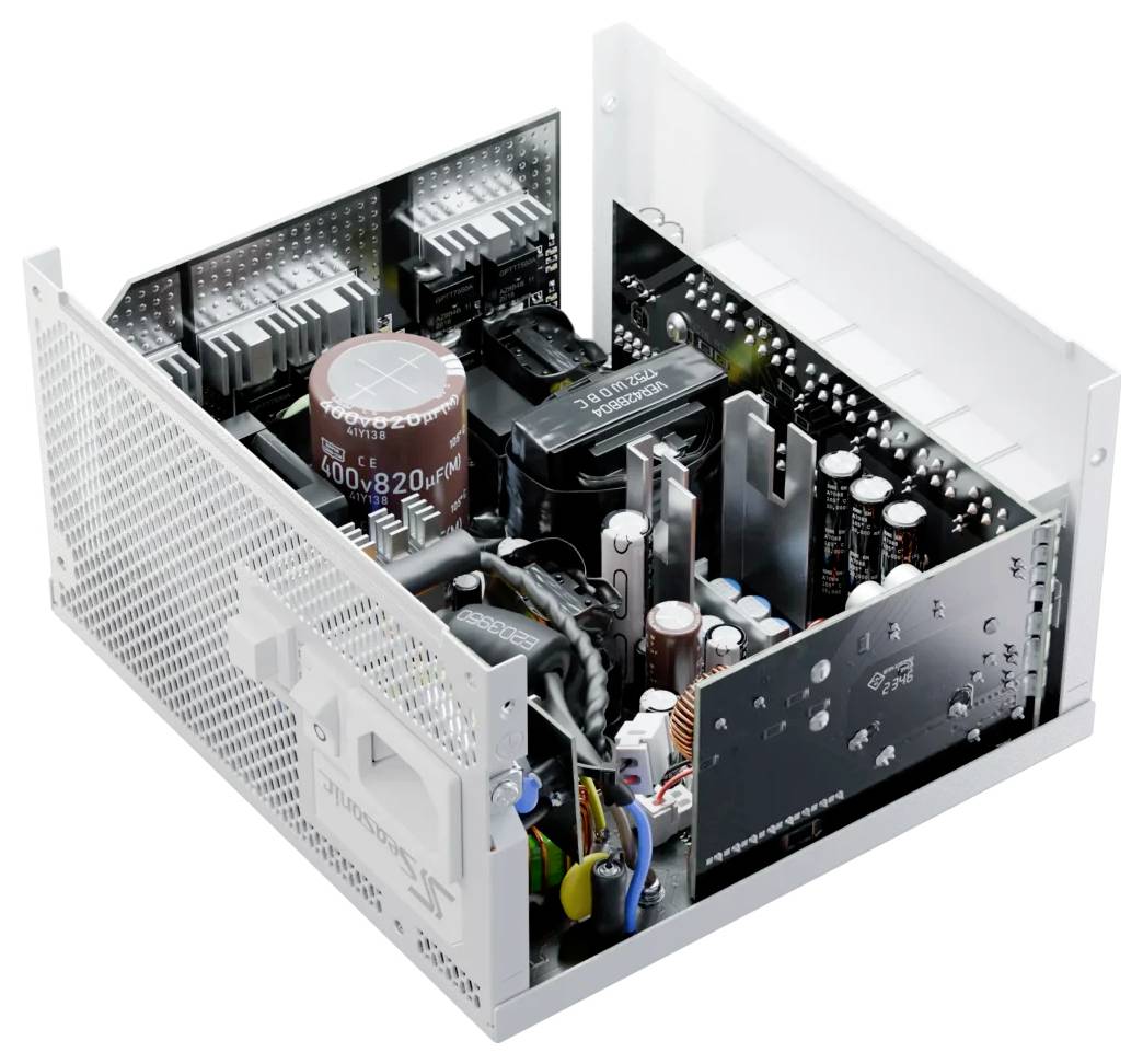 Un boîtier d'alimentation d'ordinateur ouvert montre des composants internes tels que des condensateurs, des transformateurs et des ventilateurs, utilisés pour l'alimentation électrique.