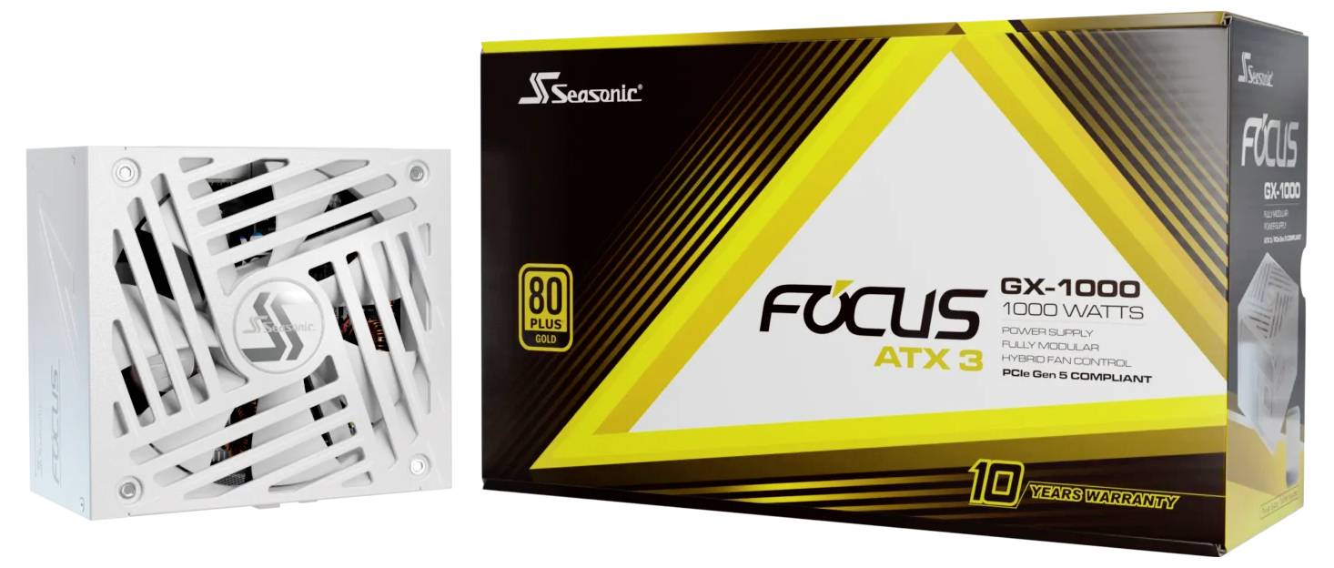 Bloc d'alimentation Seasonic ATX 3 Focus GX-1000 de 1000 watts, certifié 80 Plus Gold. L'emballage présente les spécifications du produit.