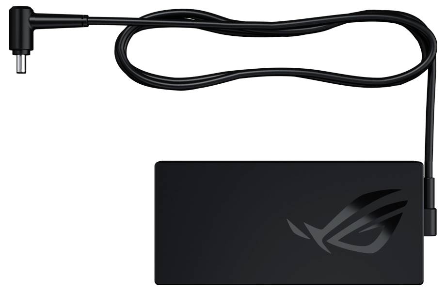 Adaptateur secteur noir pour ordinateur portable avec câble et fiche, un logo stylisé avec un motif diagonal dans des tons sombres sur sa surface.