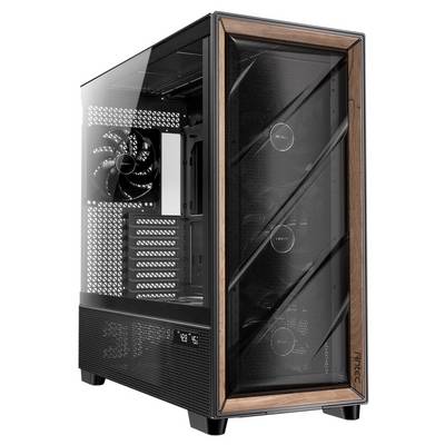 Un boîtier d'ordinateur avec une paroi latérale en verre révèle plusieurs ventilateurs à l'intérieur. Design moderne avec un accent de bois sur la façade.