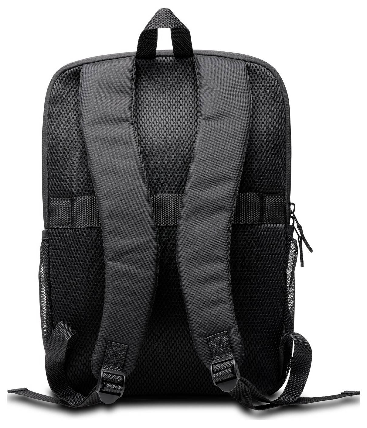 Sac à dos noir vu de dos, avec sangles rembourrées et doublure en maille, adapté à un usage quotidien ou aux voyages.