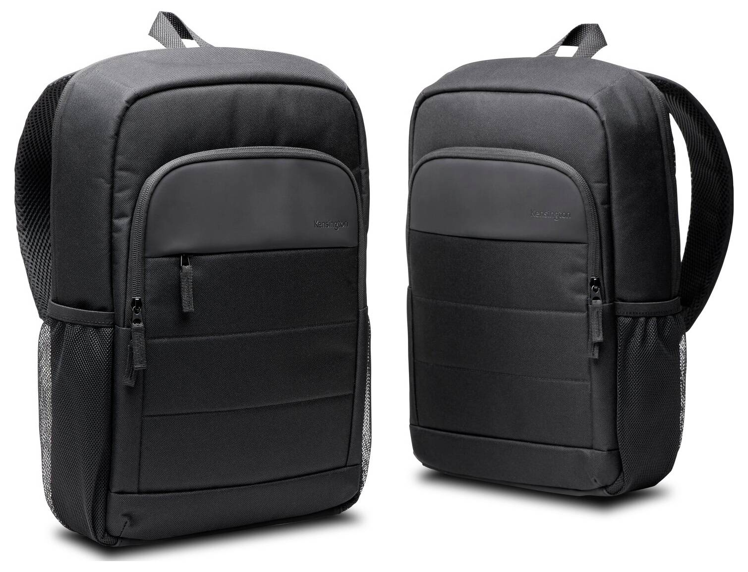 Deux sacs à dos noirs avec plusieurs compartiments et fermetures à glissière, présentés côte à côte. Idéaux pour les voyages ou l'usage quotidien.