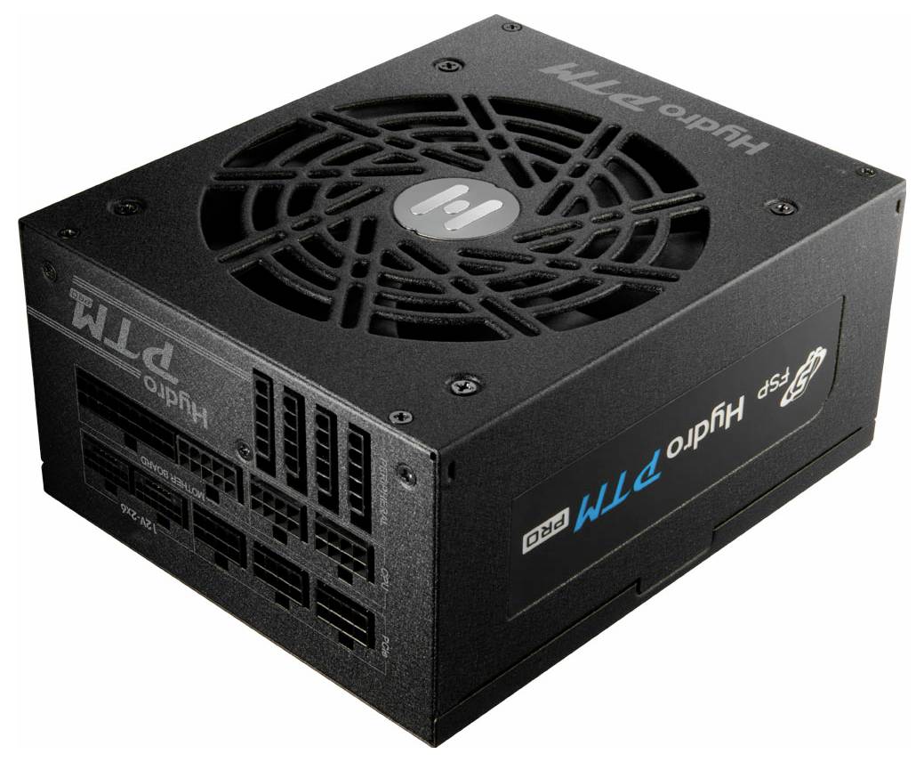 Bloc d'alimentation PC noir avec ventilateur sur le dessus et plusieurs interfaces de connexion sur le côté. Marquage 'Hydro PTM'.