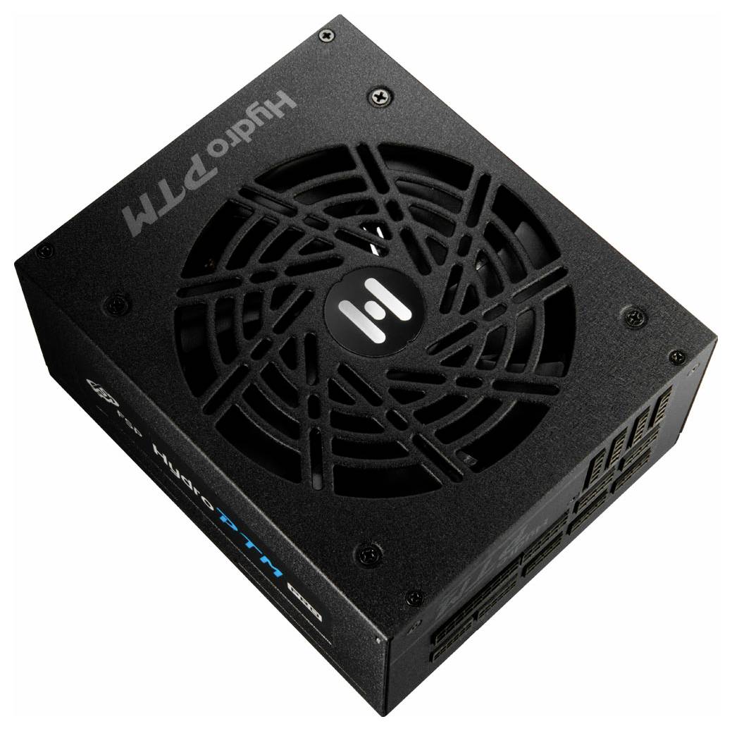 Bloc d'alimentation PC noir avec ventilateur en haut, marqué 'Hydro PTM'. Dispose de connexions latérales pour la gestion des câbles.