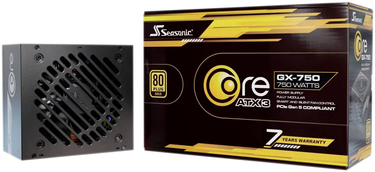 Un bloc d'alimentation Seasonic GX-750 ATX3 750W à côté de son emballage. L'emballage met en avant la certification 80 PLUS Gold et la garantie de 7 ans.