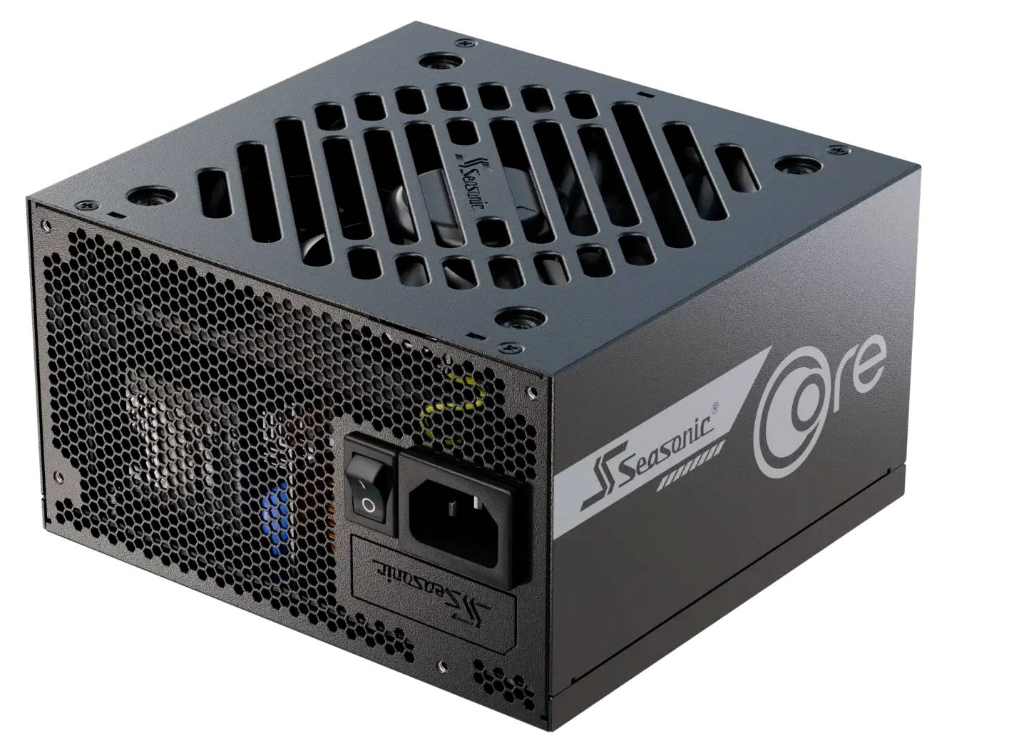 Bloc d'alimentation Seasonic noir pour ordinateur, avec grille de ventilation et ports de connexion, modèle 'Core'. Adapté aux ordinateurs de bureau.