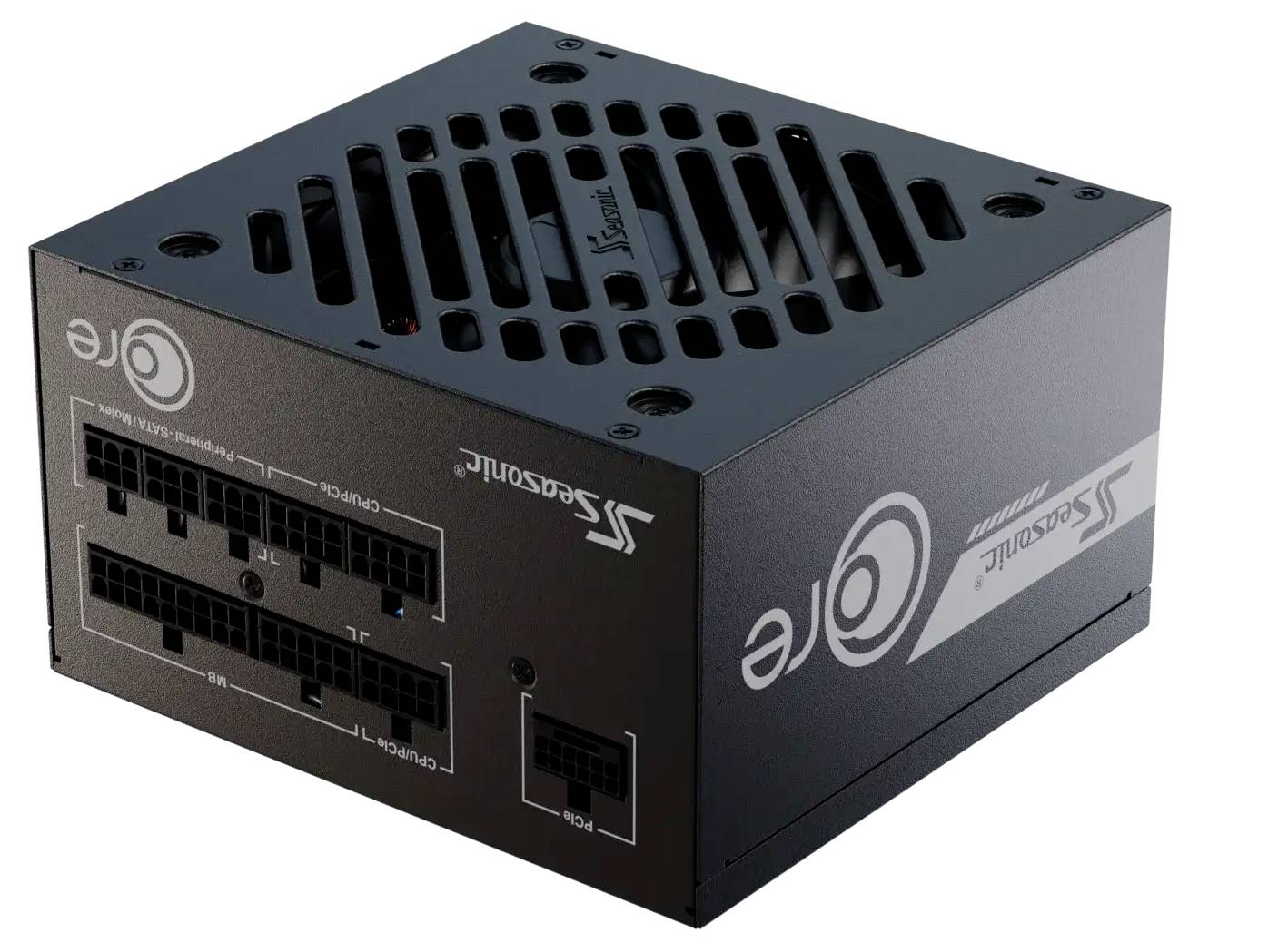 Un bloc d'alimentation PC noir en forme de cube, doté de plusieurs ports à l'avant et de fentes d'aération sur le dessus.