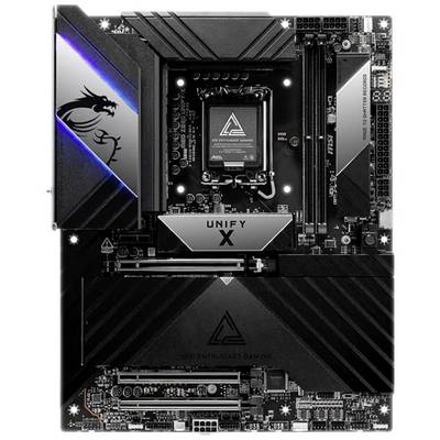 Une carte mère noire avec un logo de dragon lumineux et l'inscription 'UNIFY X', conçue pour les PC de jeu avec plusieurs emplacements d'extension.