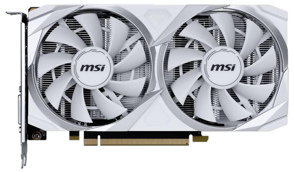 Une carte graphique MSI blanche avec deux ventilateurs visibles de gauche à droite.