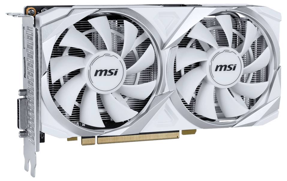 Carte graphique avec deux grands ventilateurs et un boîtier argenté. Le logo « msi » est visible sur les deux ventilateurs.