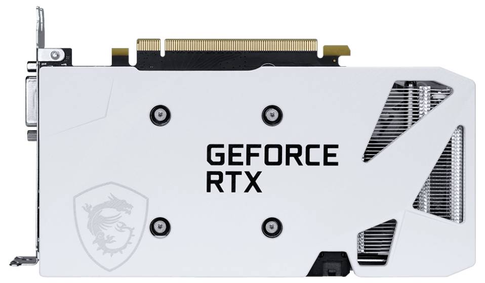 Carte graphique blanche portant l'inscription 'GEFORCE RTX'. Un logo stylisé est visible à gauche. Le connecteur pour le slot PCIe se trouve en haut.