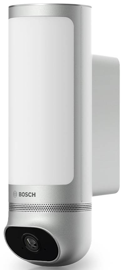 Caméra extérieure argentée avec éclairage intégré et logo Bosch en bas, conçue pour la surveillance et l'éclairage extérieur.