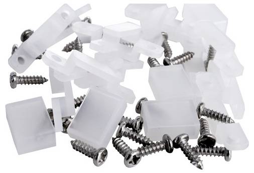 Attaches de plastique blanc et vis métalliques, dispersées sur un fond blanc. Semblent probablement servir à des fixations dans des applications de construction.