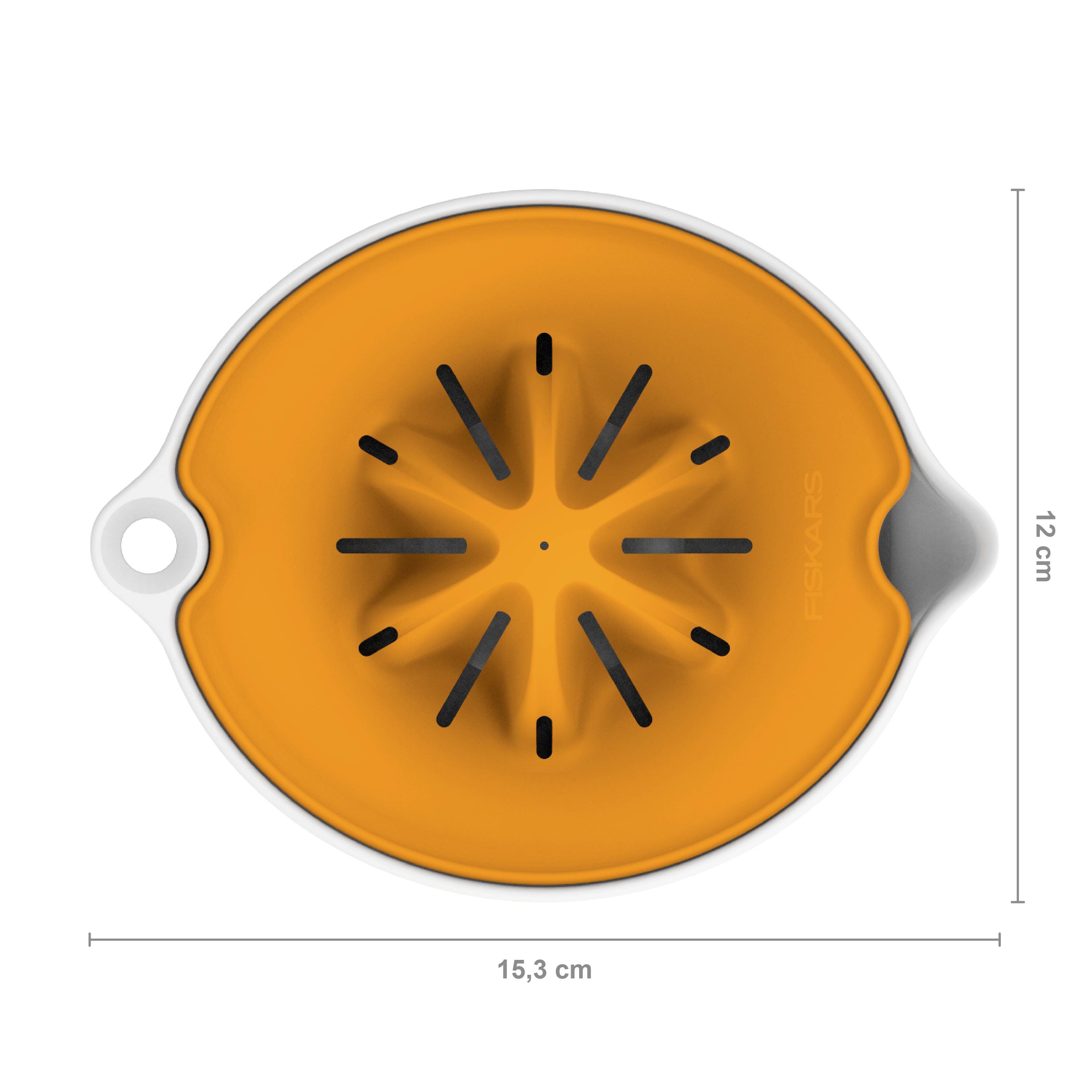 Un insert presse-citron orange avec des rainures noires, diamètre 15,3 cm, hauteur 12 cm.