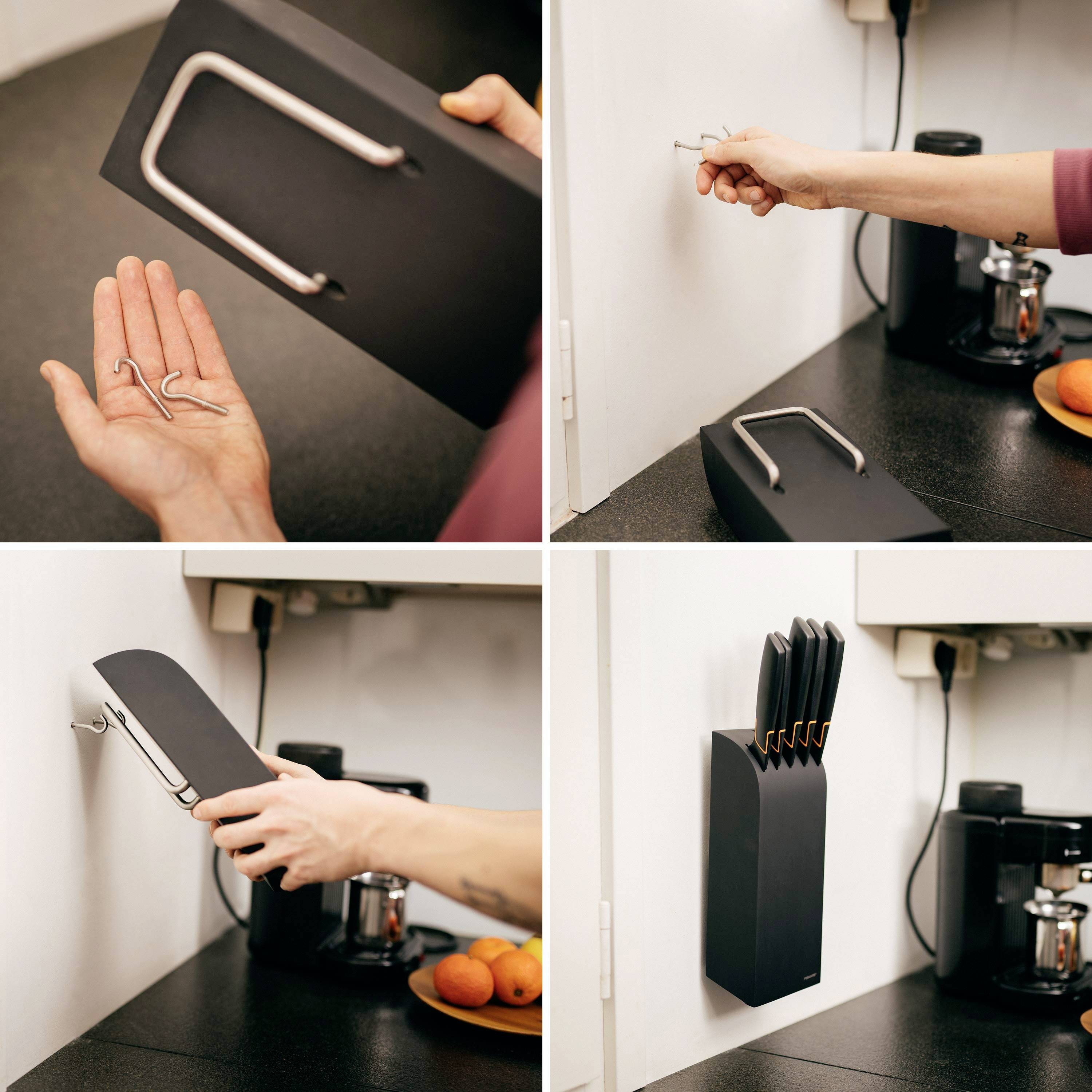 Un support magnétique pour couteaux dans la cuisine. En haut à gauche : Mode d'emploi. En haut à droite : fixé au mur. En bas à gauche : Support testé. En bas à droite : Couteaux sur le support.