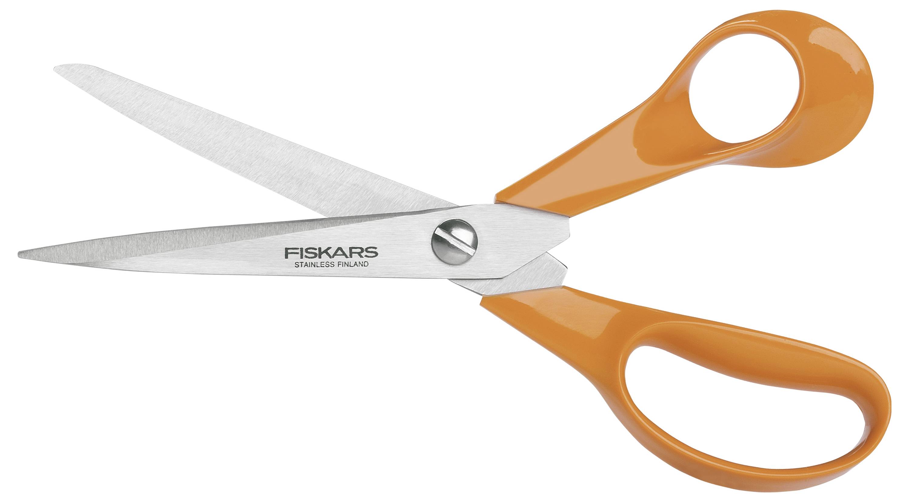 Une paire de ciseaux orange avec des lames argentées sur lesquelles est inscrit 'Fiskars', ouverts, reposent sur un fond blanc.