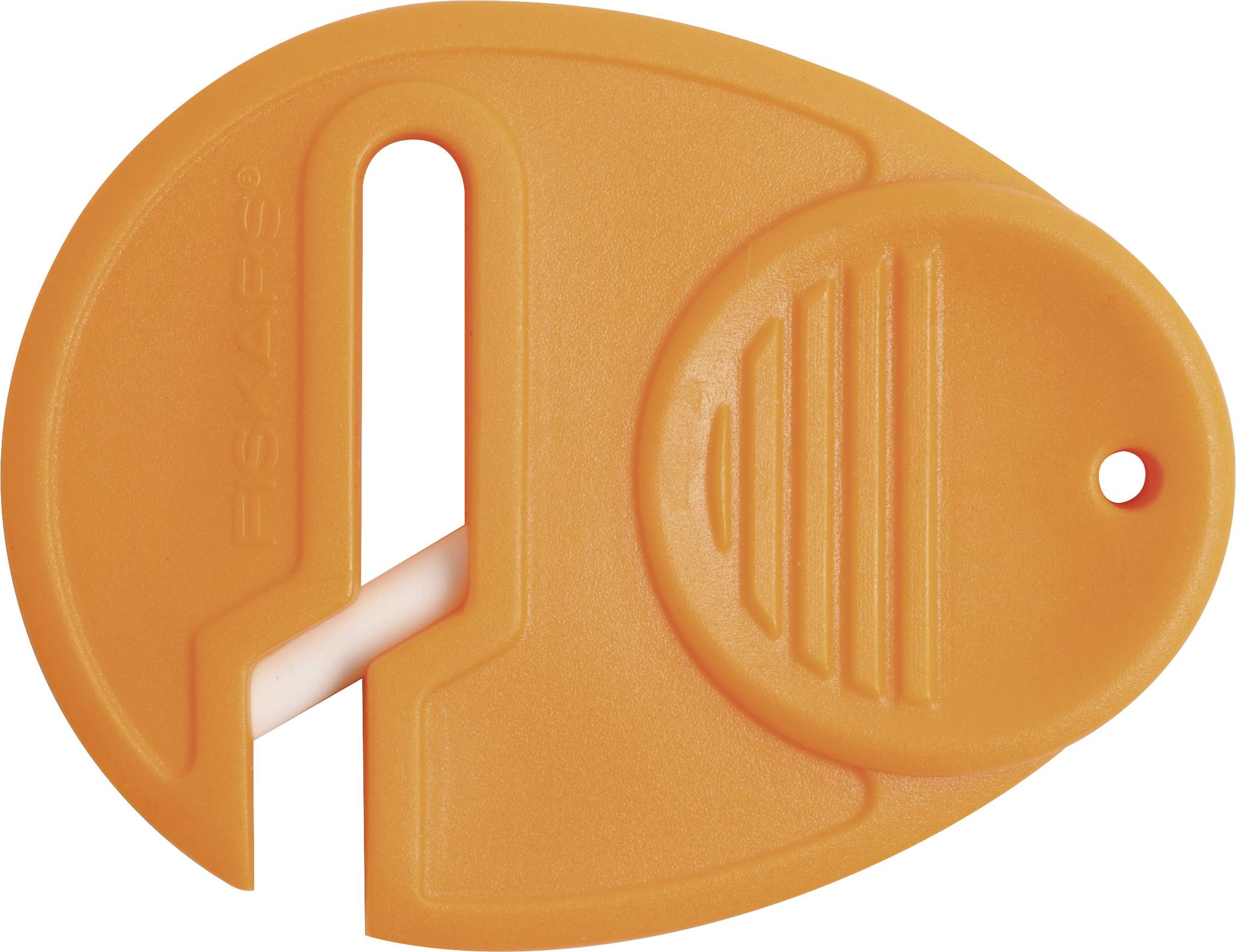 Petit aiguiseur de couteaux orange, de forme ovale, avec pierre à aiguiser en céramique. Adapté pour un affûtage léger et occasionnel.