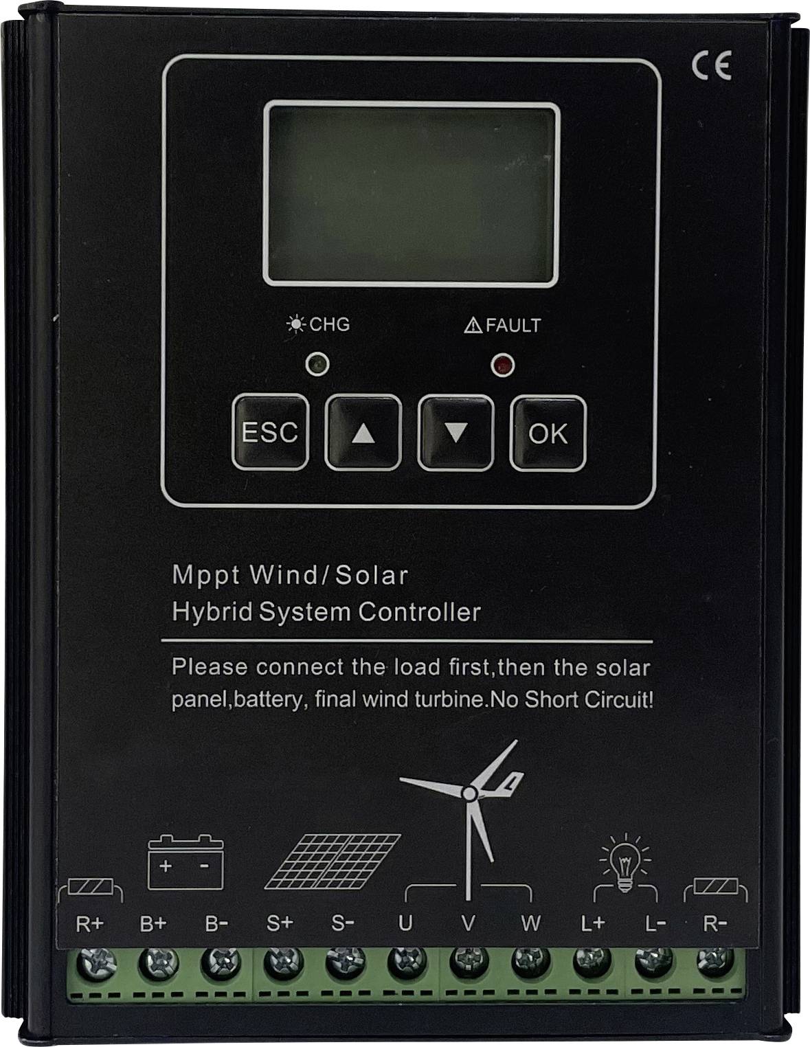 Contrôleur de Système Hybride Éolien/Solaire MPPT avec Affichage et Touches de Commande. Connexions pour Batterie, Panneau Solaire et Éolienne en bas.