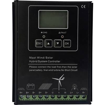 Contrôleur de Système Hybride Éolien/Solaire MPPT avec Affichage et Touches de Commande. Connexions pour Batterie, Panneau Solaire et Éolienne en bas.