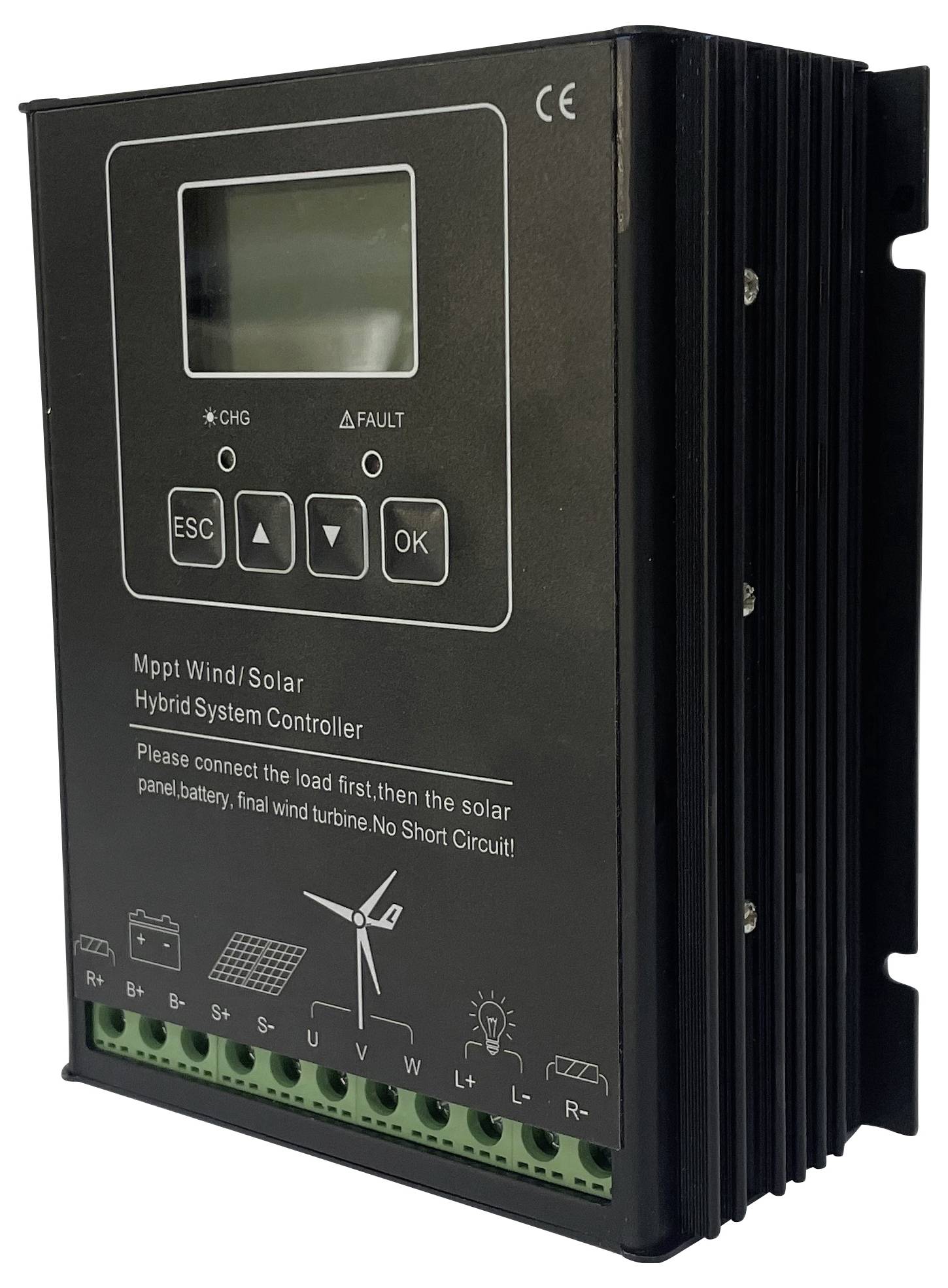 Contrôleur hybride MPPT noir pour systèmes éoliens et solaires avec affichage et touches, port de connexion pour panneau solaire et batterie.