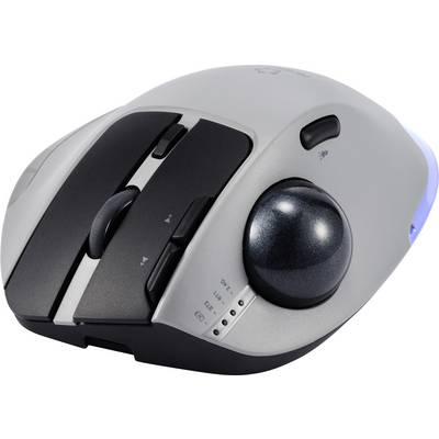 Souris trackball grise ergonomique avec plusieurs boutons et molette de défilement, conçue pour un contrôle précis et un travail confortable.