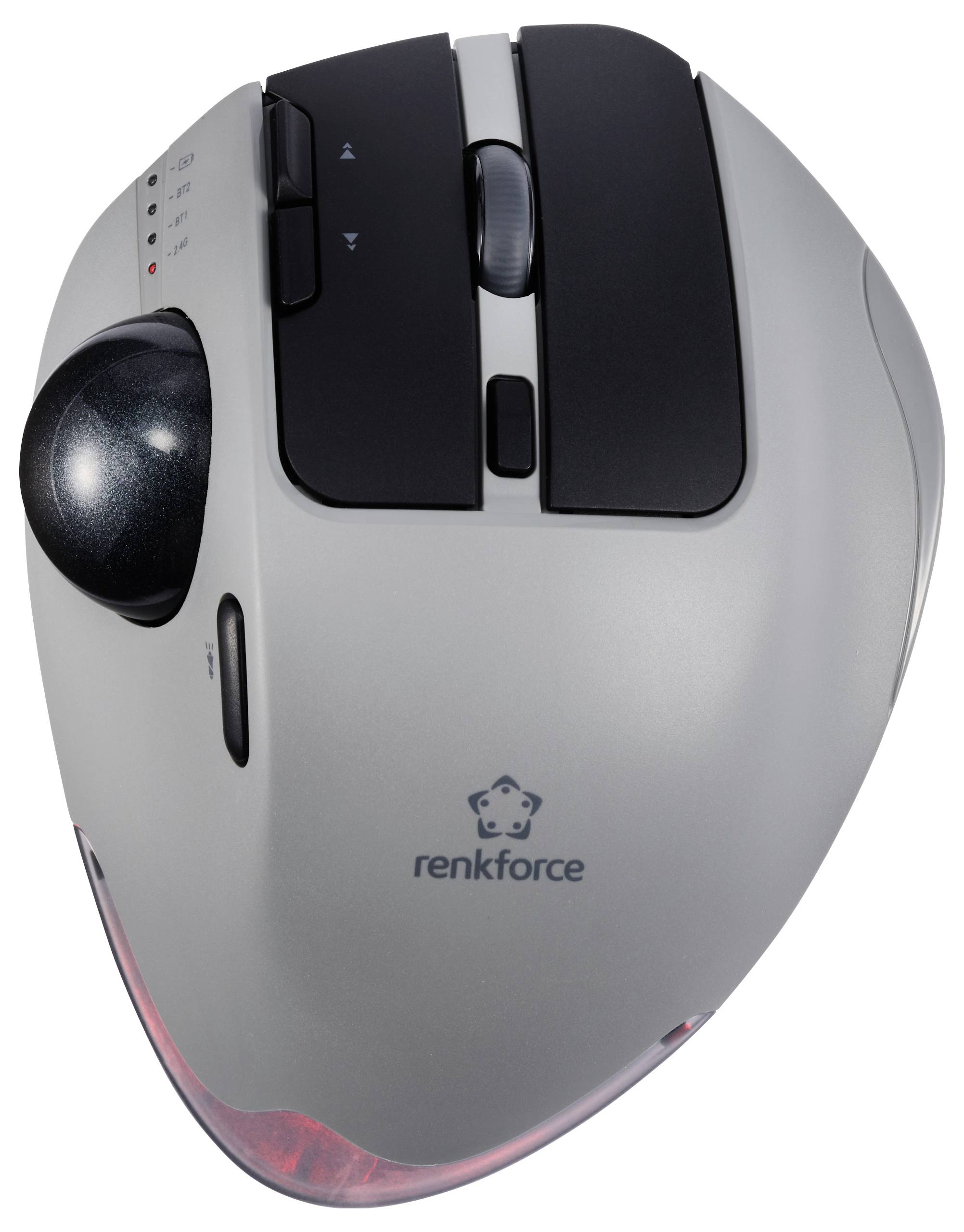 Une souris ergonomique sans fil de Renkforce avec plusieurs boutons, une molette de défilement et une boule de trackball sur le côté gauche.