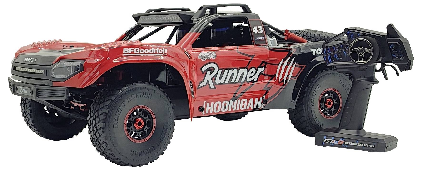 Une voiture télécommandée rouge avec des roues noires et un logo 'Runner'. À côté, une télécommande.