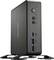 Un mini-PC noir en position verticale doté de ports USB et d'entrées audio à l'avant. Marque : 'Shuttle'.