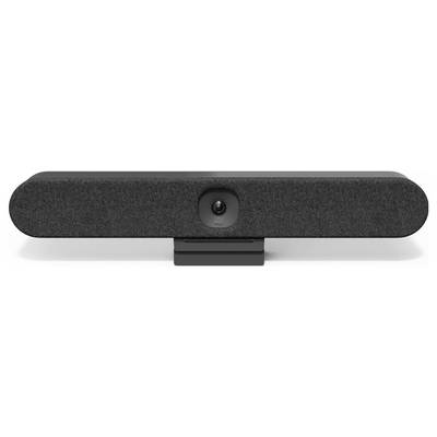 Une webcam noire rectangulaire avec un objectif central, un microphone intégré et un haut-parleur, placée sur un support de table.