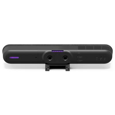 Un haut-parleur noir rectangulaire avec une caméra intégrée et des boutons de commande. La caméra dispose de deux objectifs et d'un éclairage violet.