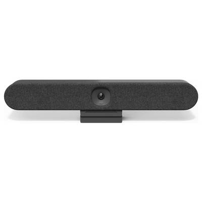 Une barre de son noire avec revêtement en tissu et objectif de caméra intégré au centre, posée sur un support plat.