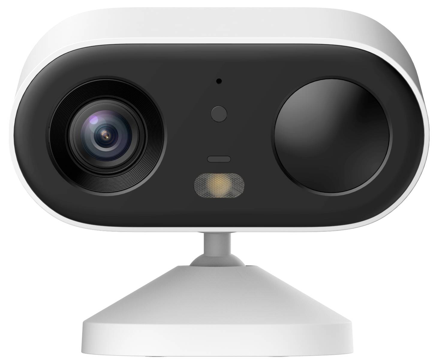 Une petite webcam moderne au design arrondi, posée sur un support blanc. L'objectif se trouve à gauche, tandis qu'un capteur est situé à droite.
