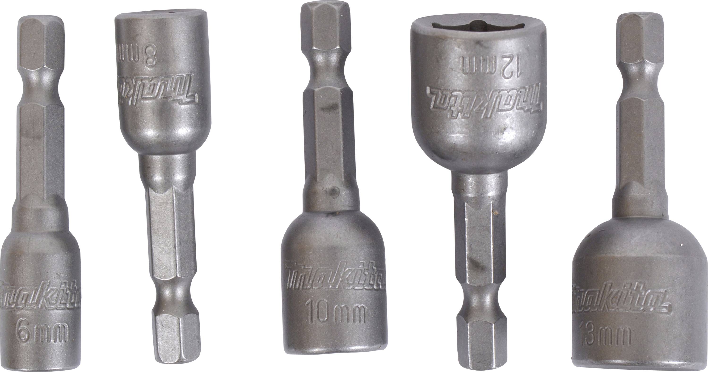 Cinq embouts de clé hexagonale gris de différentes tailles (6 mm, 8 mm, 10 mm, 12 mm, 13 mm) alignés côte à côte.