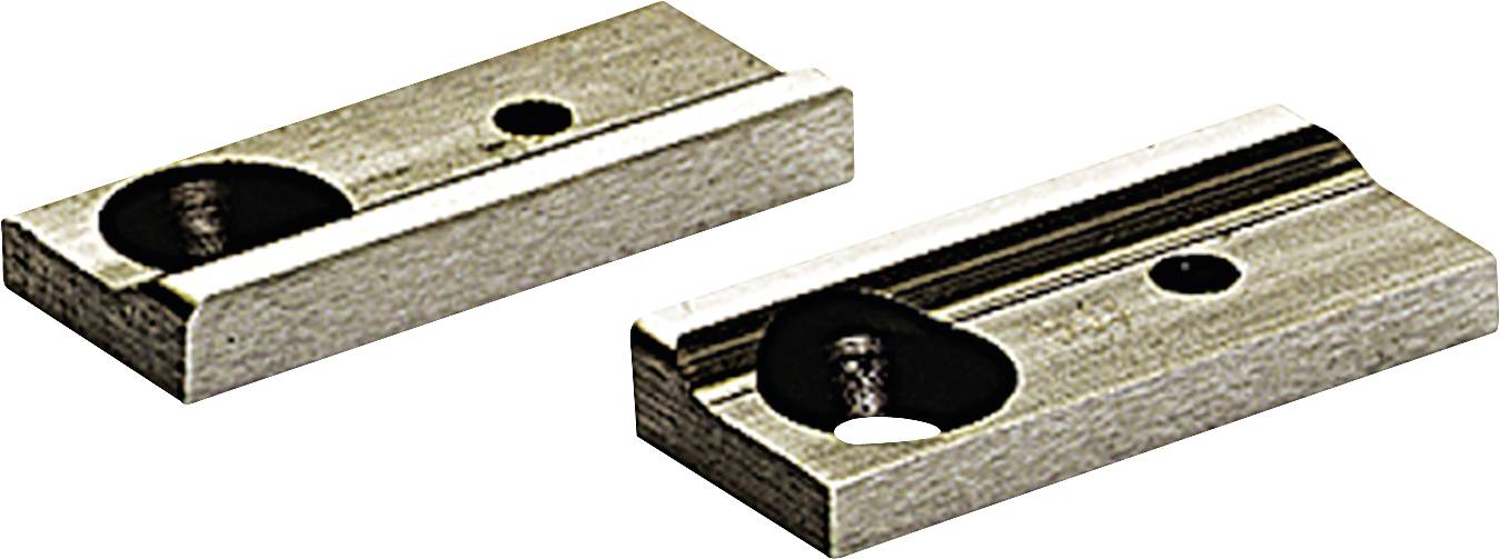 Deux socles métalliques avec des trous de vis ; forme rectangulaire, cavité cylindrique à gauche, adaptés pour la fixation de composants.